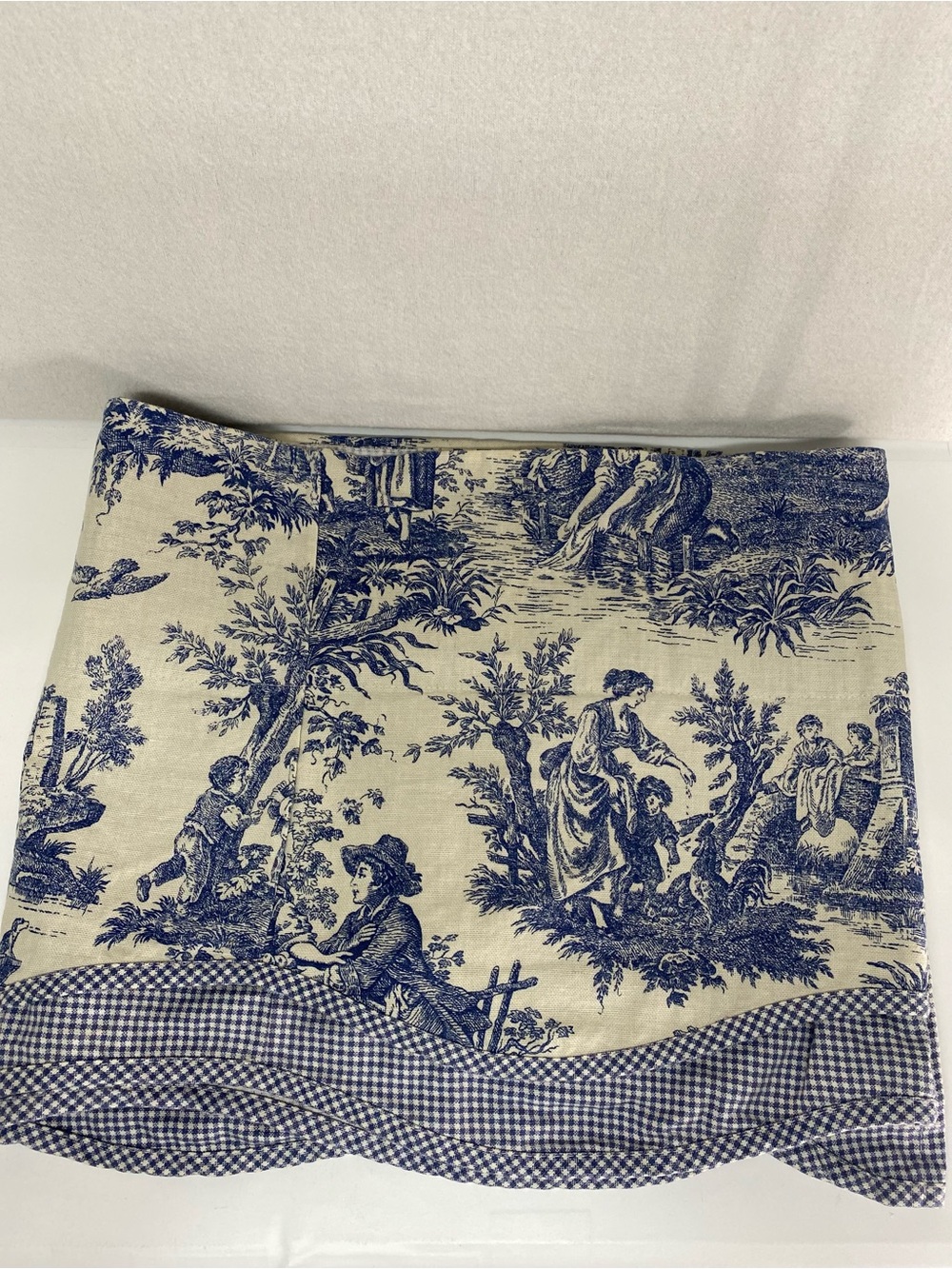 Waverly Blue and Cream Toile Valance with Scalloped Gingham Trim